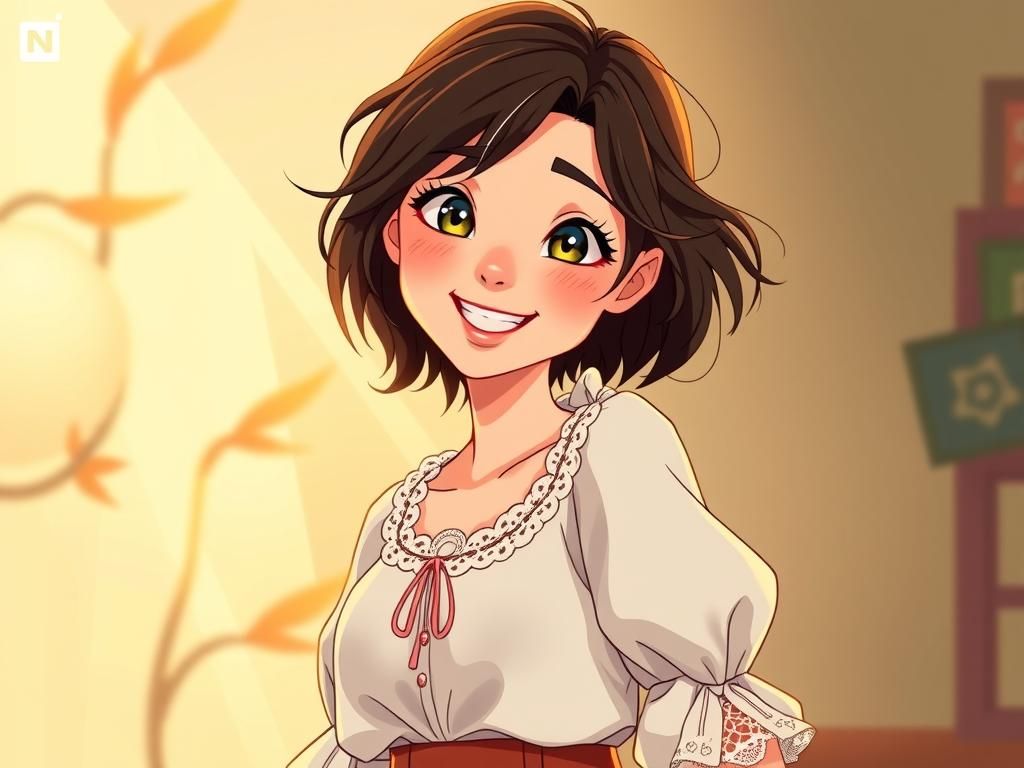 Smiling Woman in Flowy Outfit, 3D Digital Art