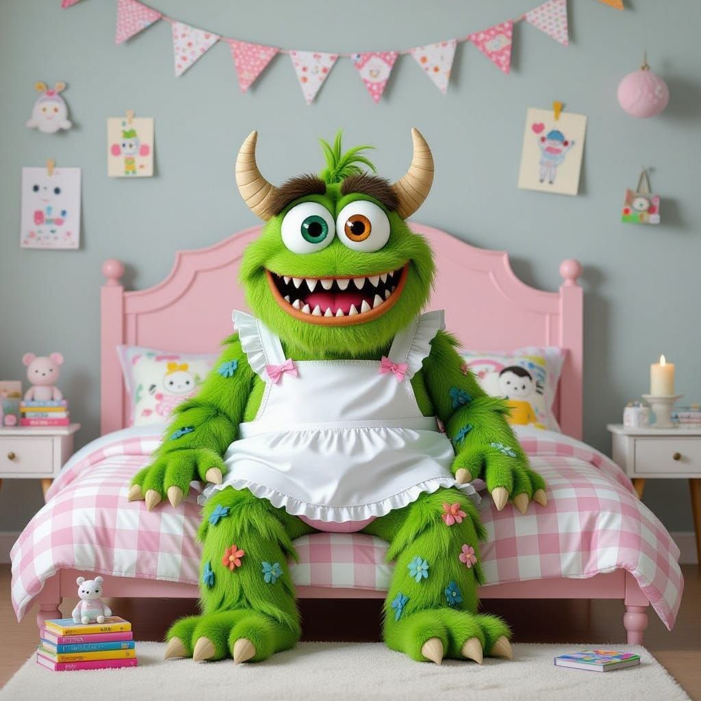 Friendly Green Monster in Playful Bedroom Scene