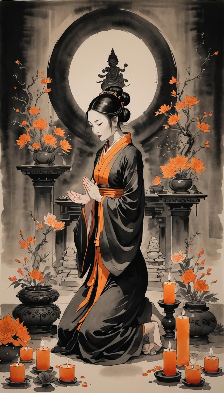 Minimalist Chinese Ink Painting of Praying Girl