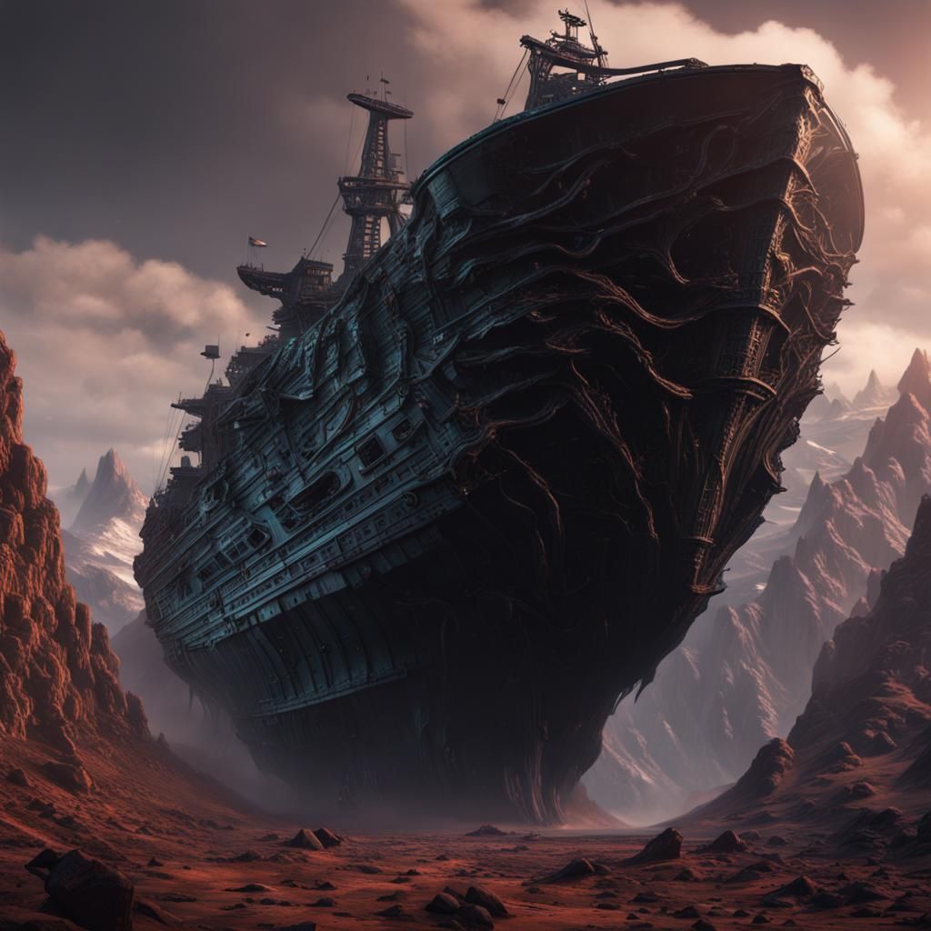 Eldritch Prison Ship Crash: Detailed Matte Painting