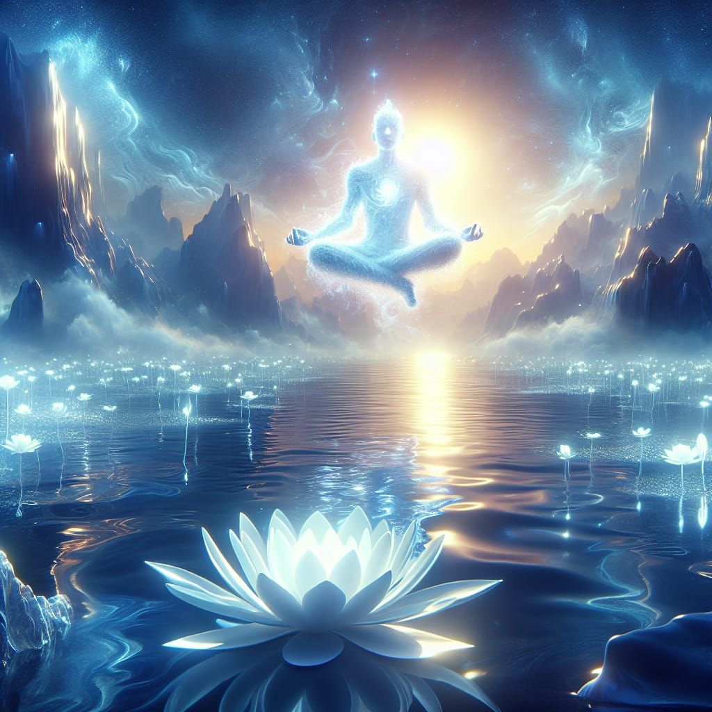 Glowing Buddha Meditating Above Lotus Pond