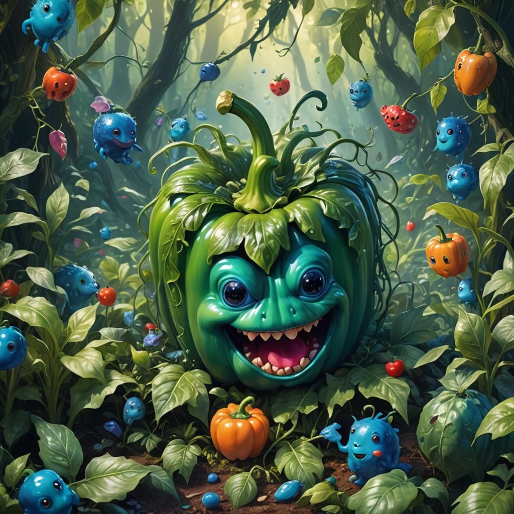 Fantasy Creatures Emerge from Giant Pepper in Whimsical Fore...