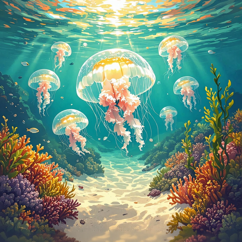 Jellyfish in Sunlit Marine Environment with Green Elements