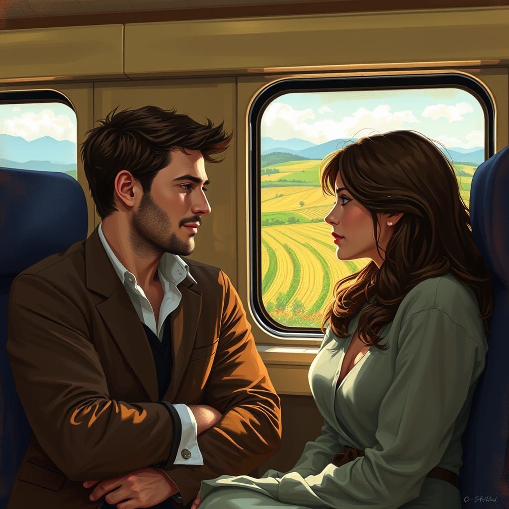 Young Couple Conversing on Train Through Tuscany