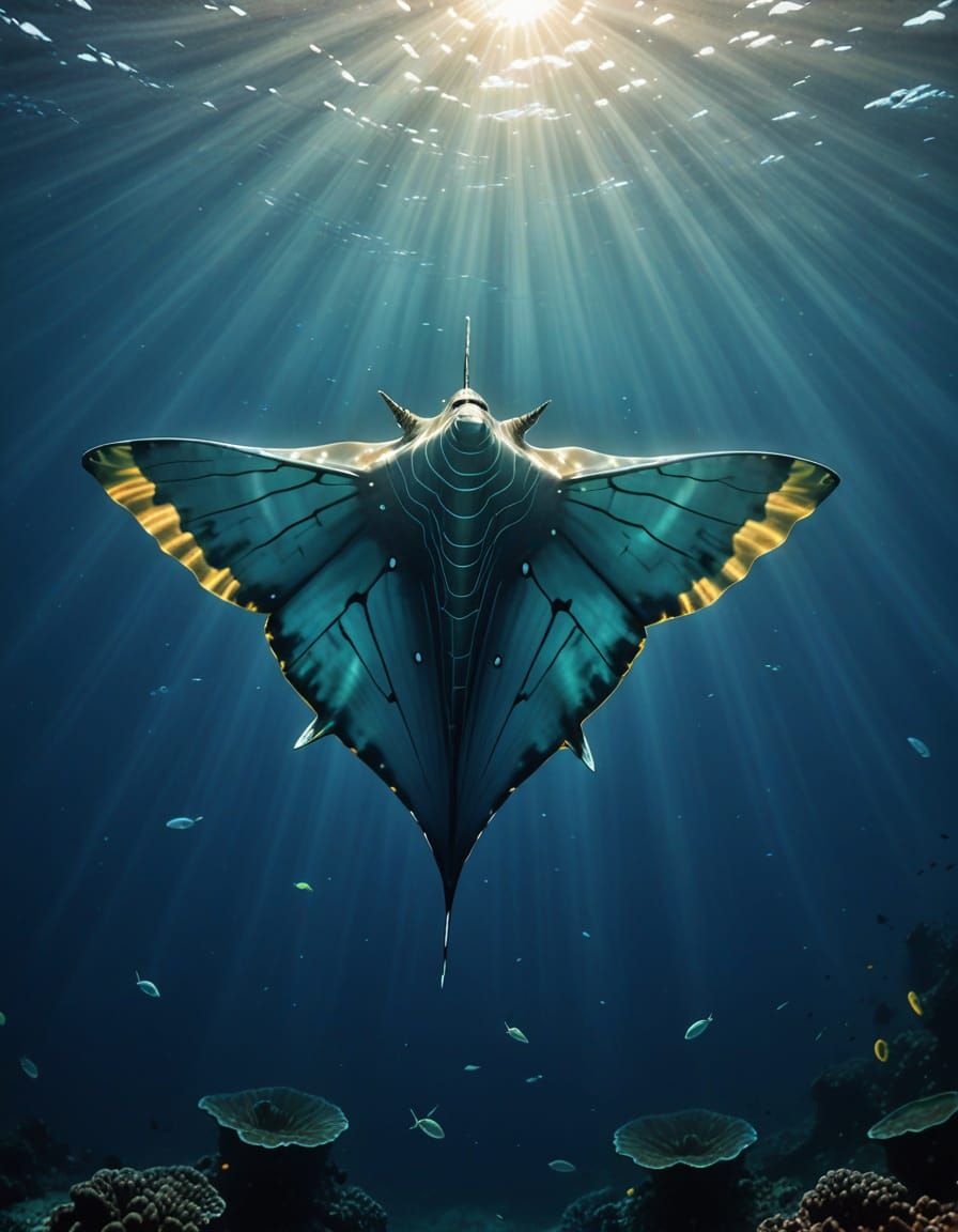 Luminescent Ray Floating Under Ocean Surface