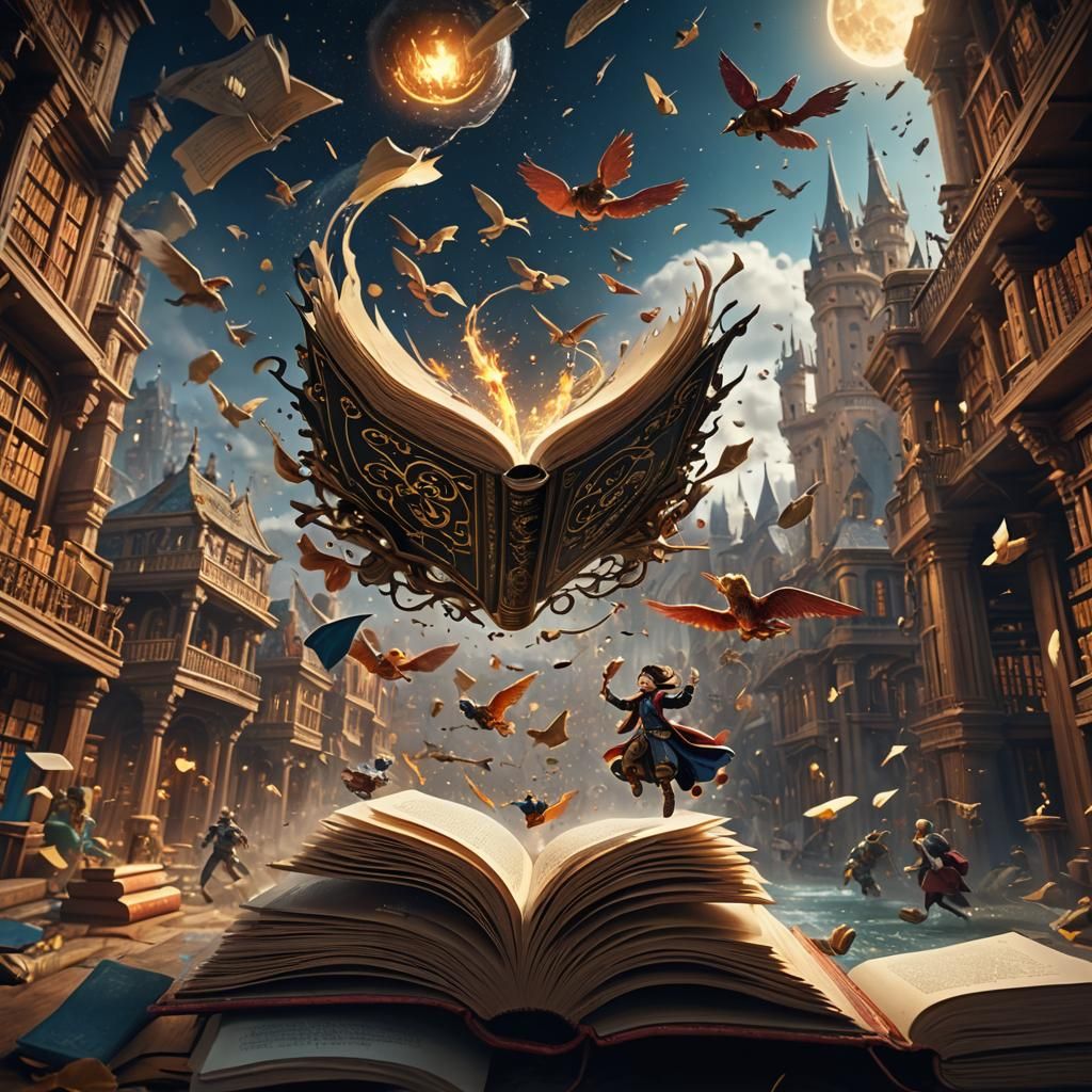 Fantastical Story Characters Emerge from Open Book