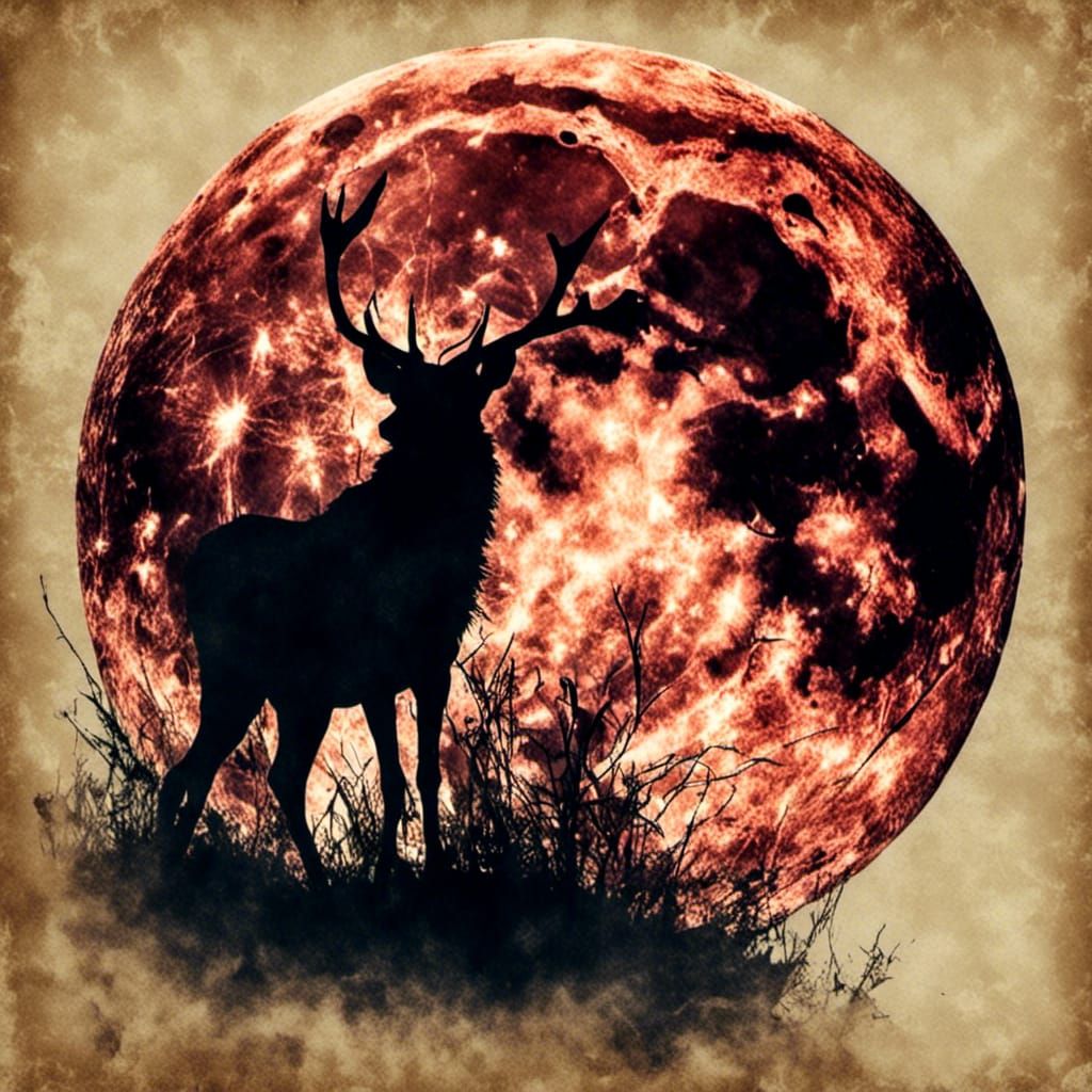 Deer Silhouette with Glowing Eyes Under Moon