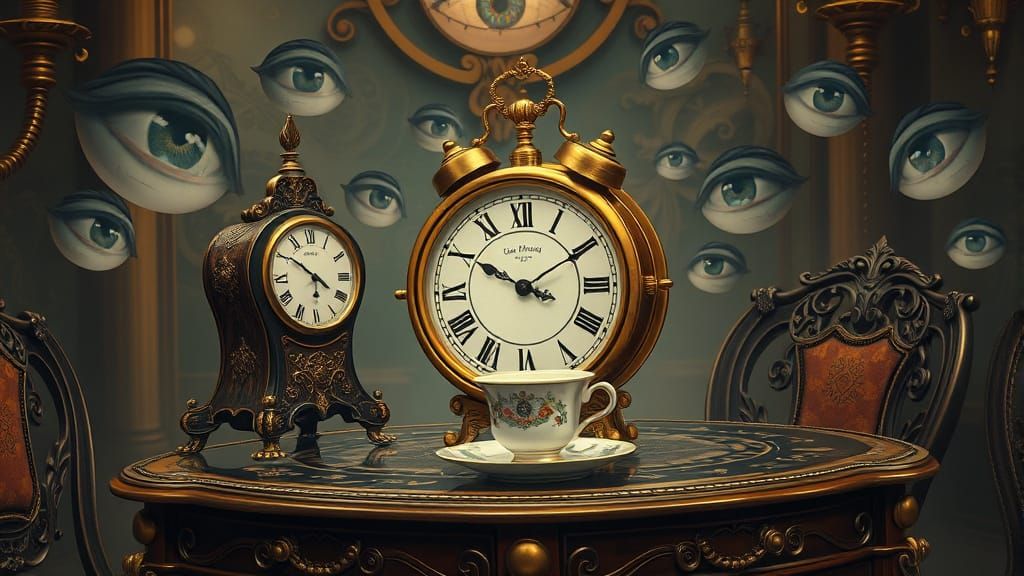 Steampunk Clock and Teacup with Floating Eyes