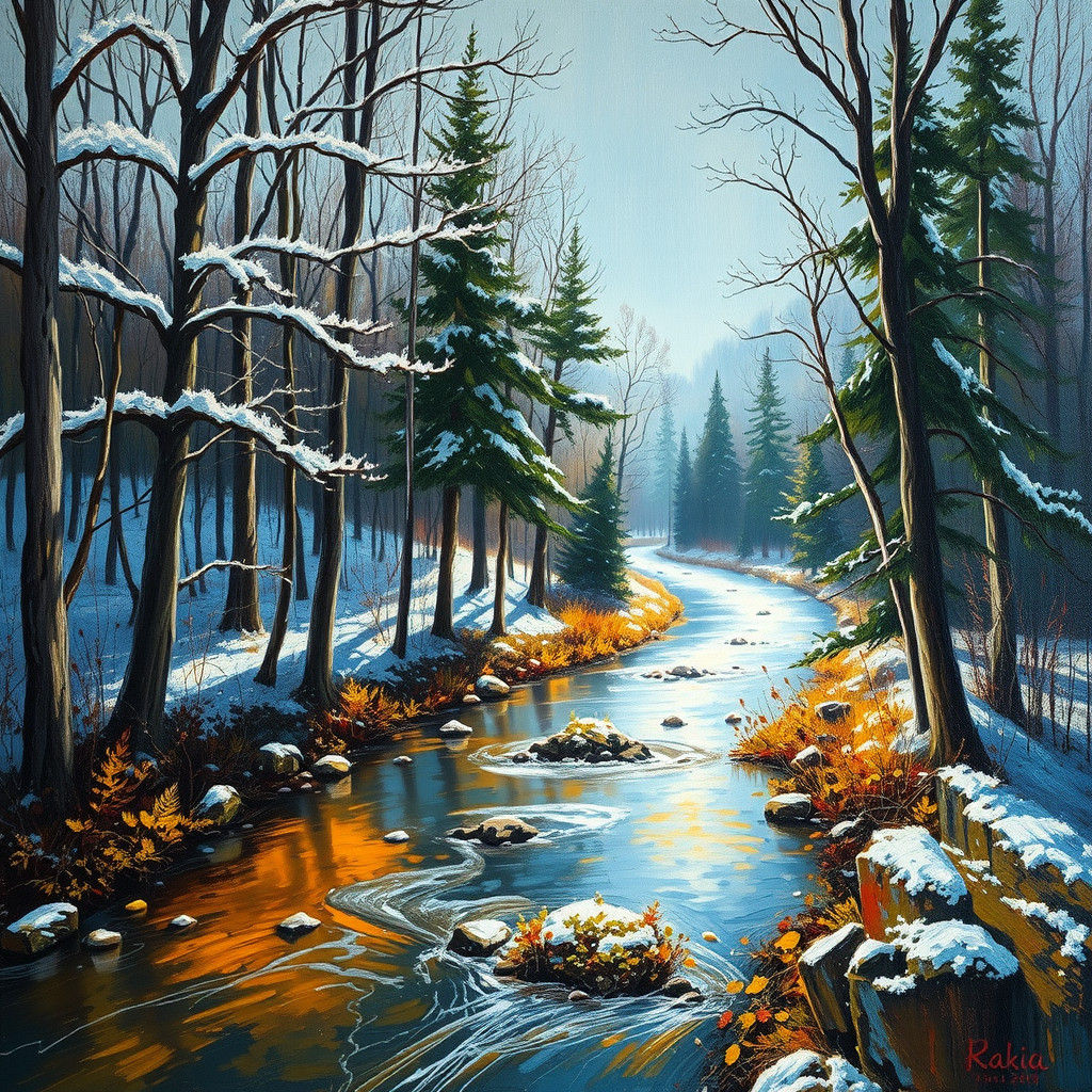 Winter Forest: Chrome River in Impasto Oil Painting