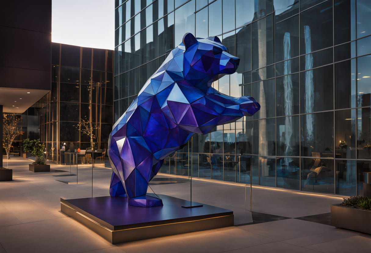 Blue Bear Sculpture Peers into Convention Center at Night