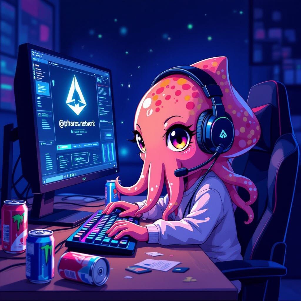 Cute Cartoon Squid Gamer at Computer, Neon Glow