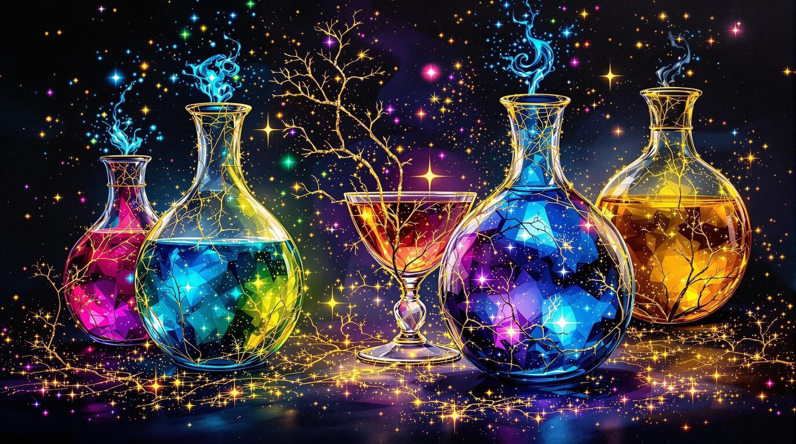 Glowing Magical Potions in Elegant Glass Phials