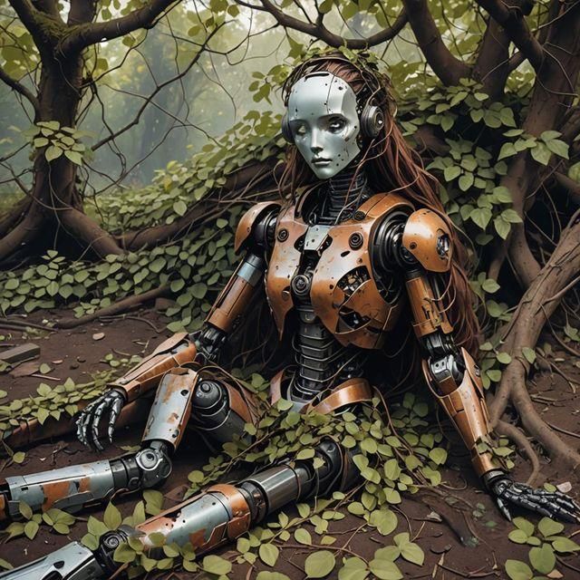 Rusty Robot Girl in Overgrown Forest