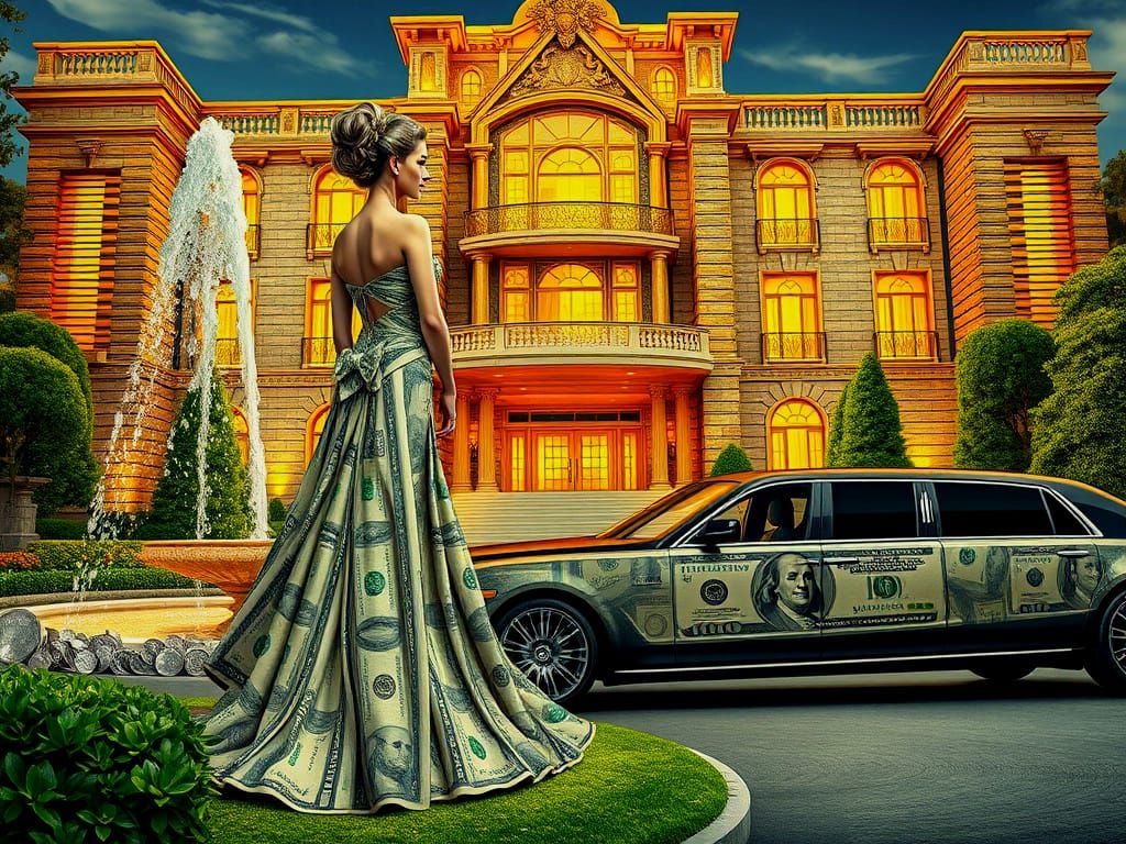 Extravagant Scene: Money Dress, Mansion and Limousine