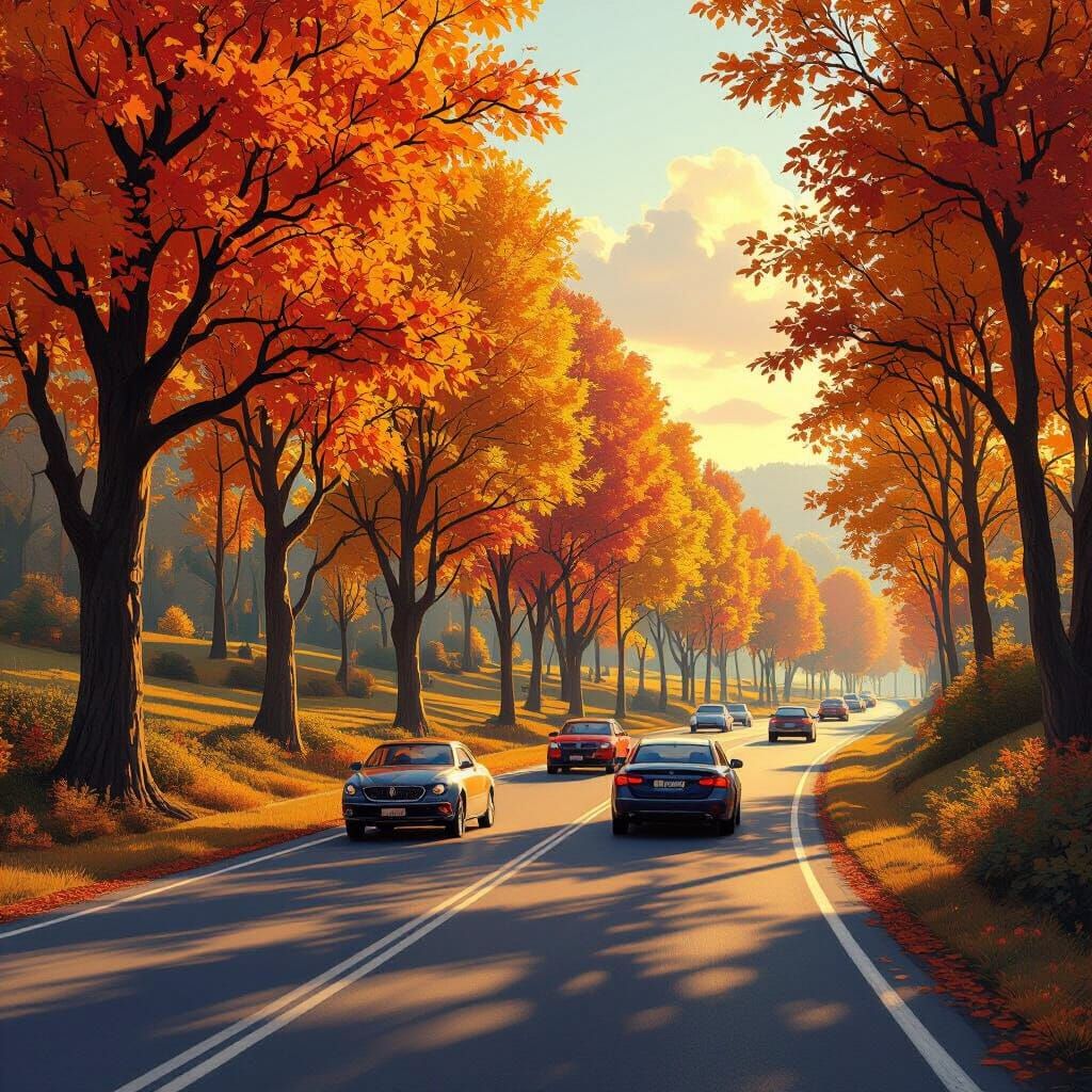 Autumn Road with Colorful Trees in Realistic Landscape