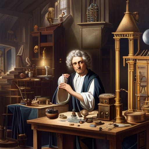 Isaac Newton in his alchemical laboratory
