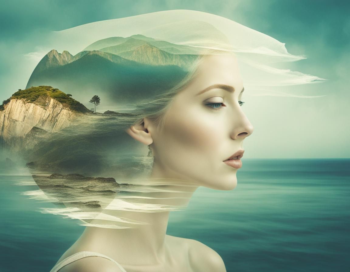 Ethereal Double Exposure: Woman and Seascape