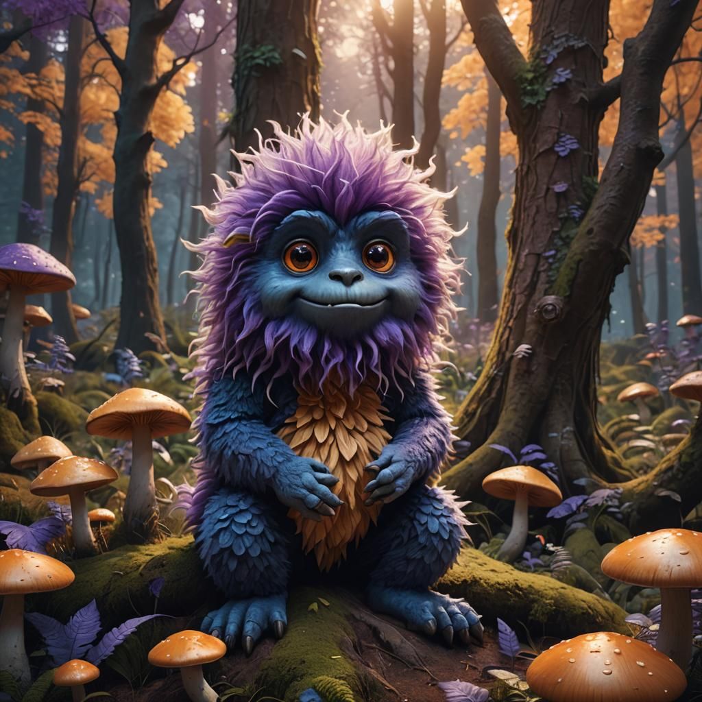 Fluffy Monster in Mystical Forest: Fantasy Art