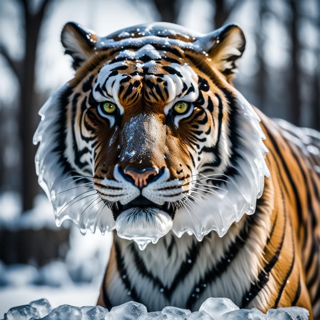 Striking Ice Sculpture of a Tiger