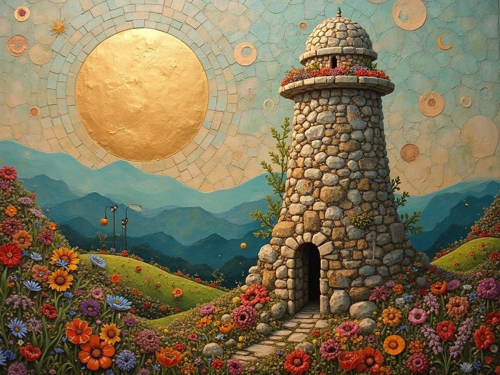 Alien Landscape: Mosaic Stone Tower in Mixed Media