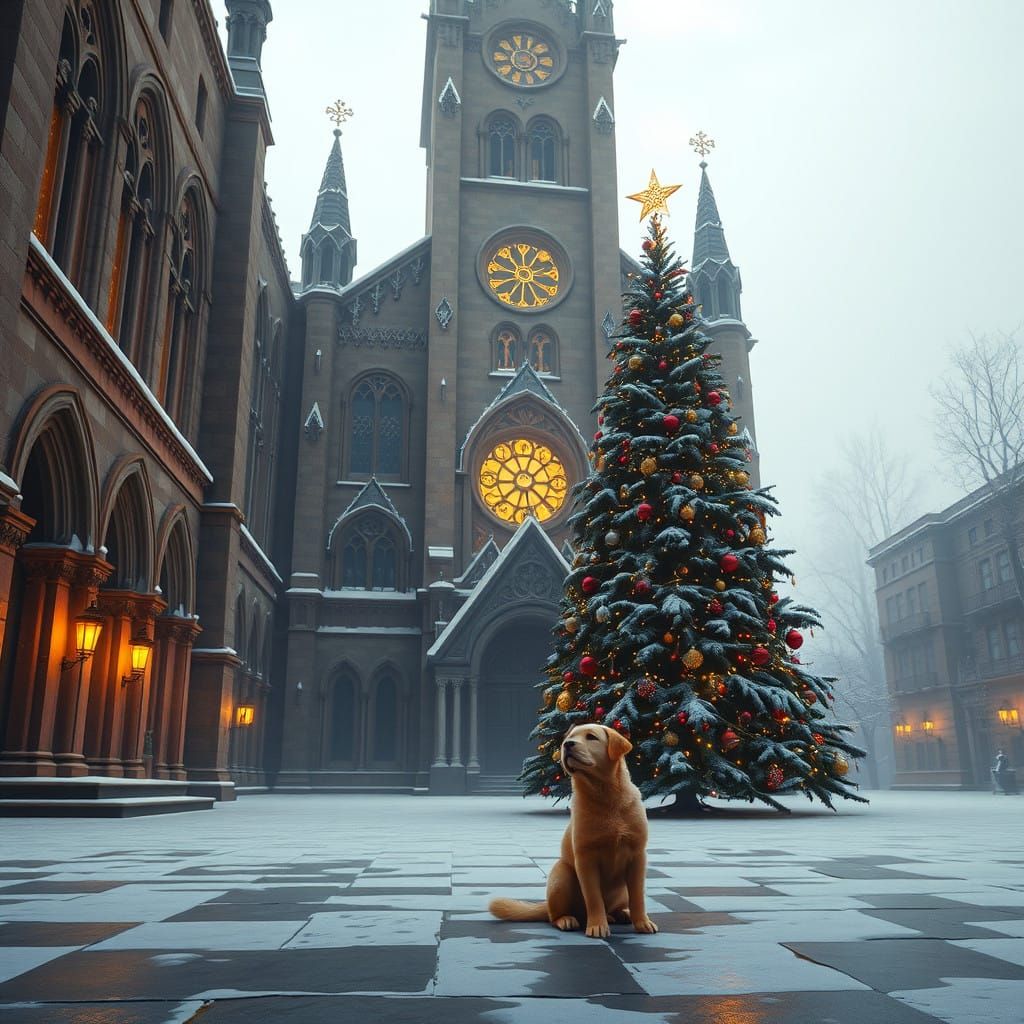 Gothic Church Christmas Scene with a Majestic Tree and Golde...