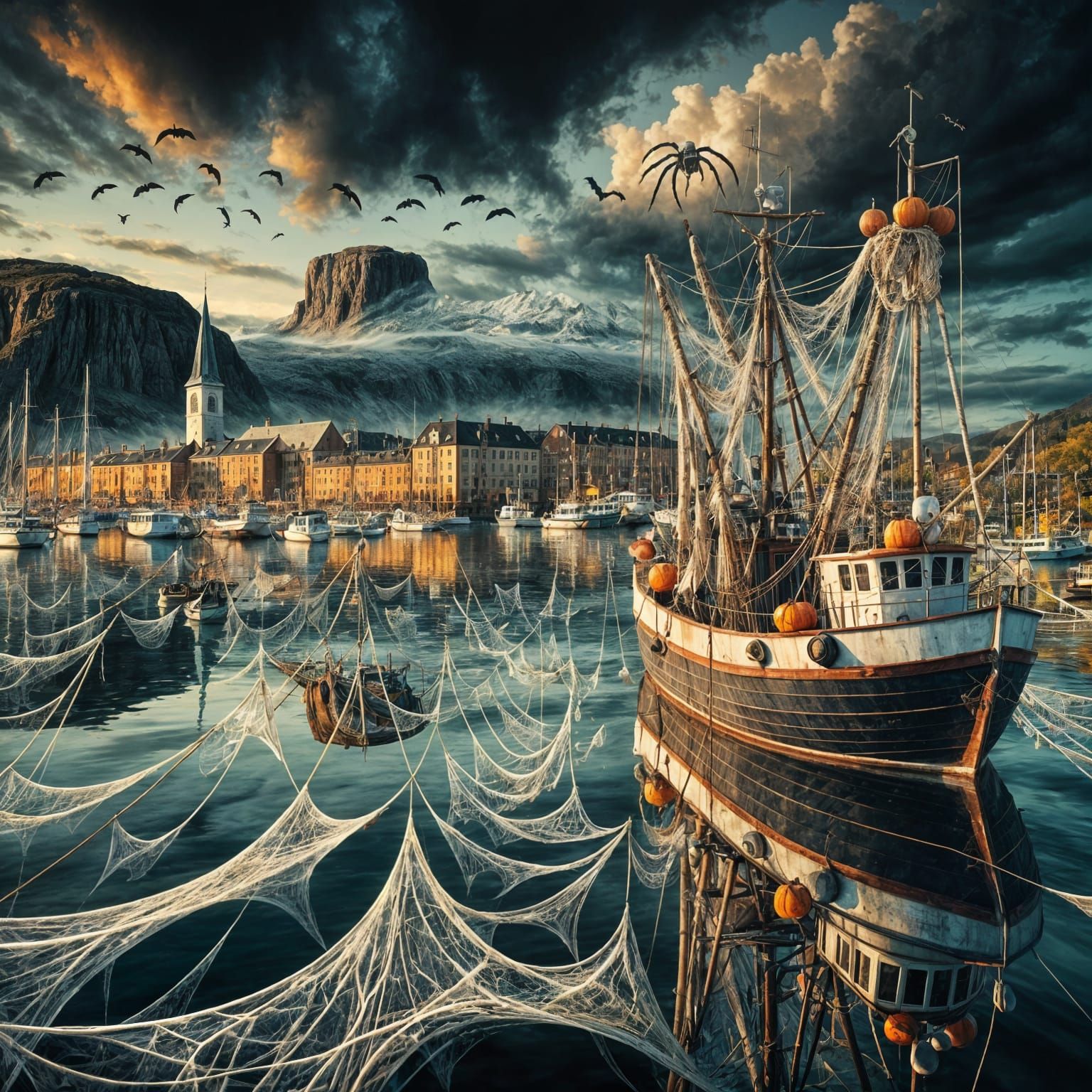Halloween Fishing Boat in Surreal Cityscape