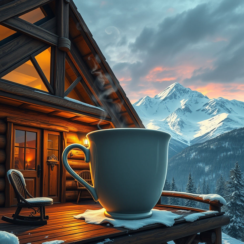 Enormous Coffee Cup on Mountain Cabin Porch