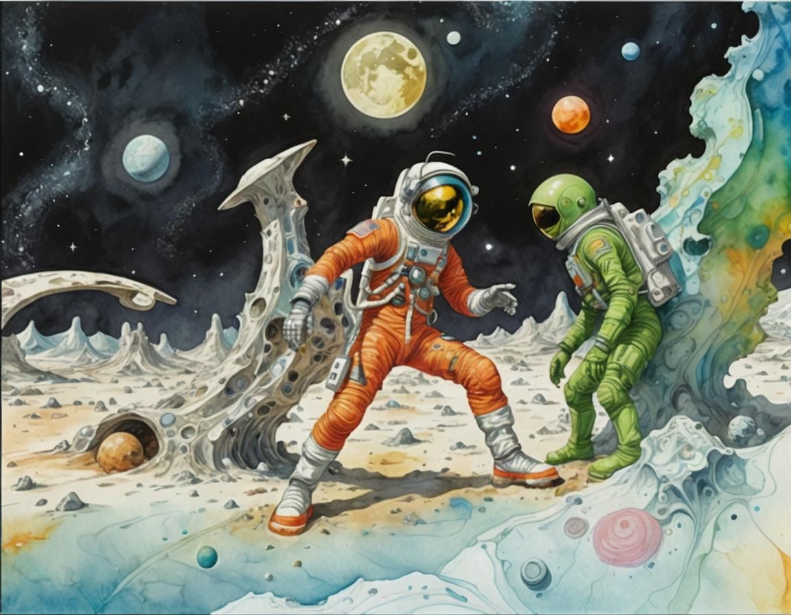 Astronaut and Alien Encounter on the Moon as Watercolor