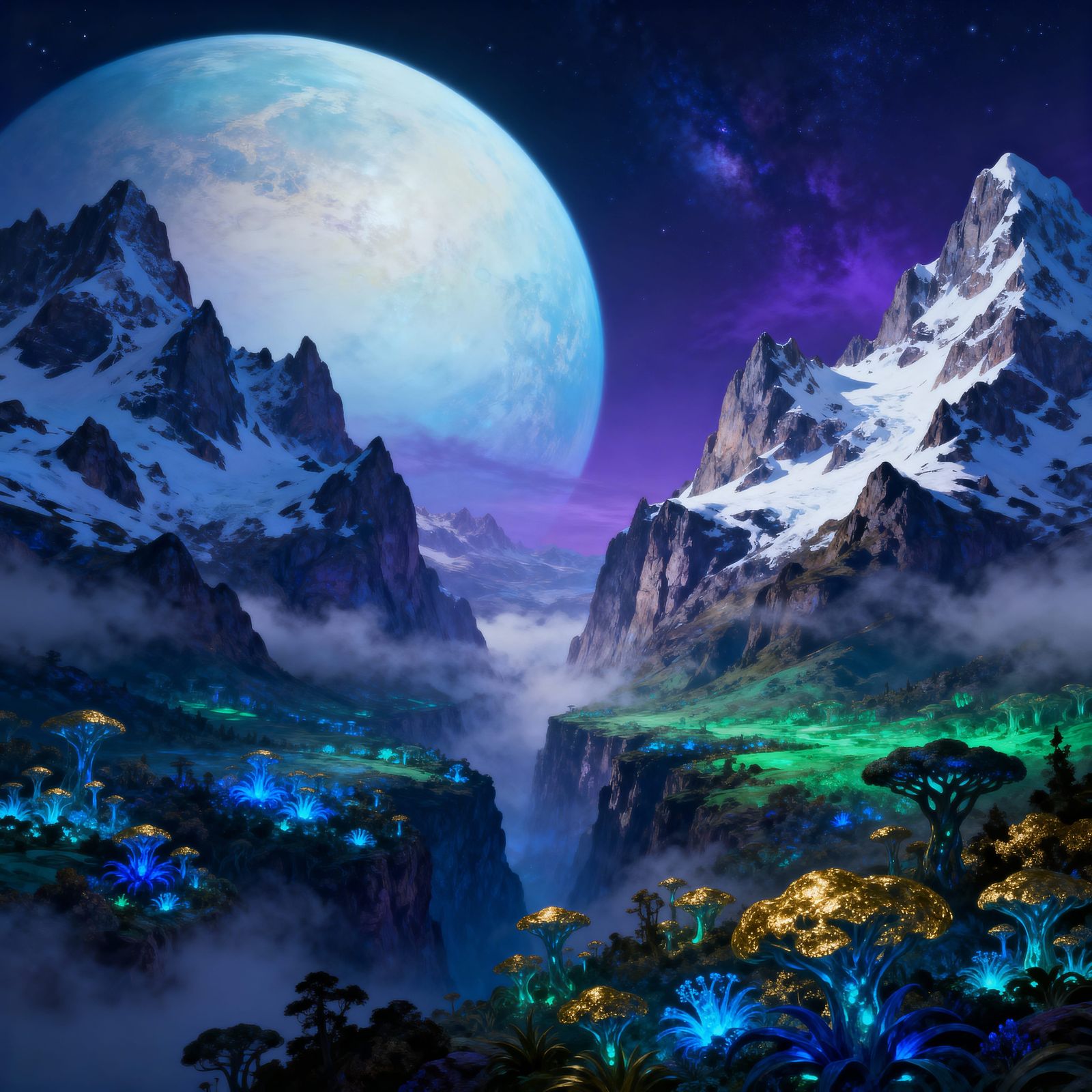 Alien Valley Landscape with Glowing Flora