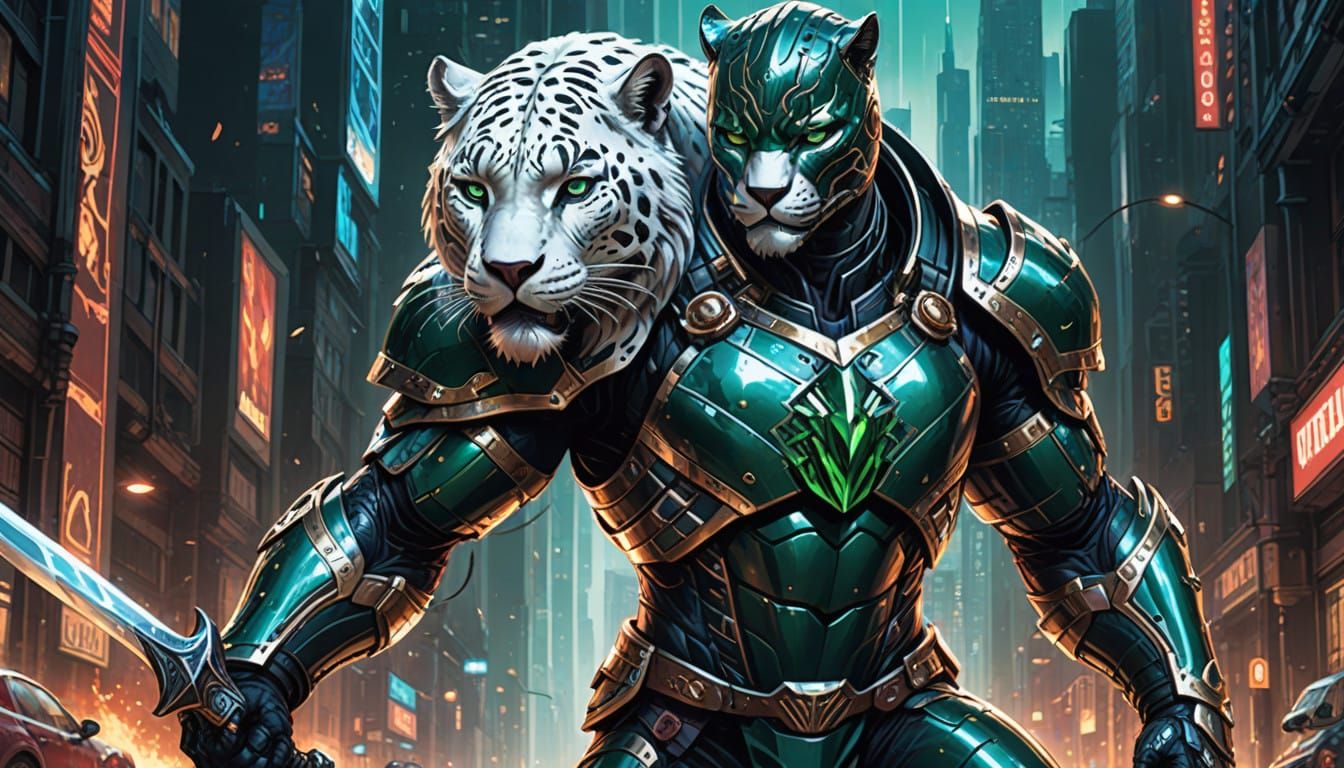 Cyberpunk Hero with White Jaguar Head and Red Spiked Armor