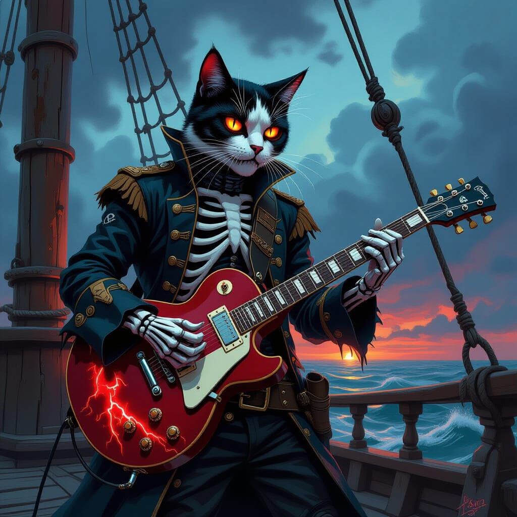 Skeletal Cat Pirate Captain Wields Electric Guitar