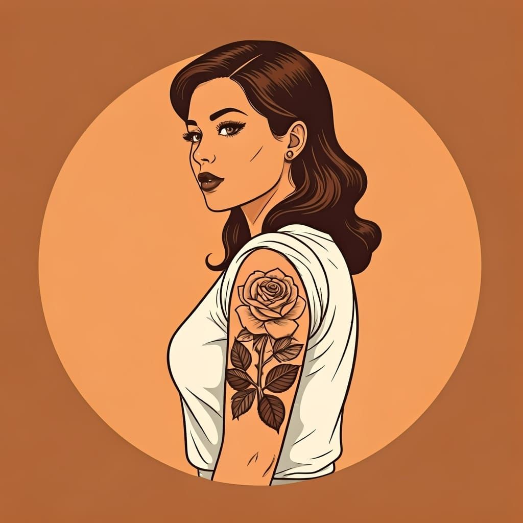 Retro Ink Drawing: Woman with Rose Tattoo