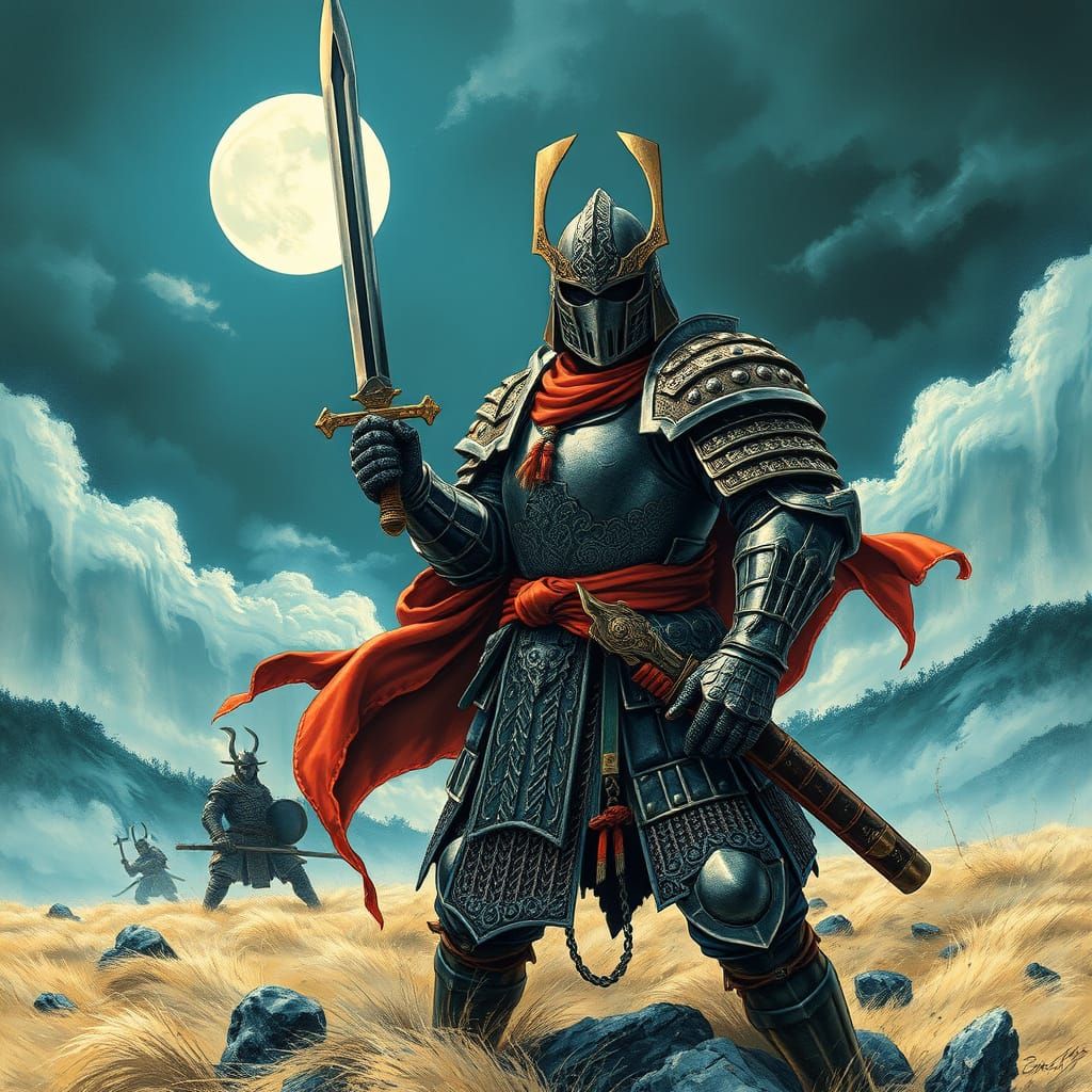 Brave Knight on Battlefield in Dark Fantasy Style