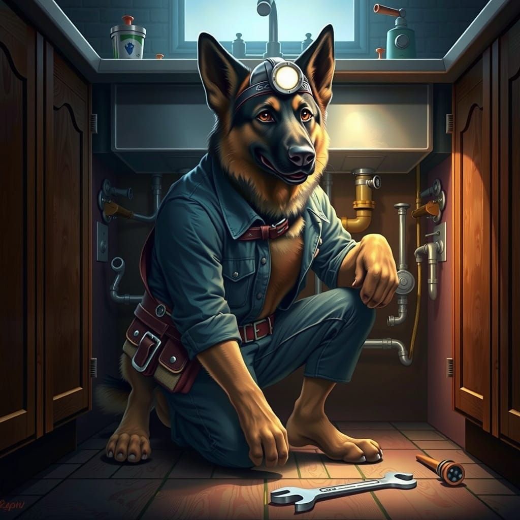 Anthropomorphic Plumber German Shepherd in Action
