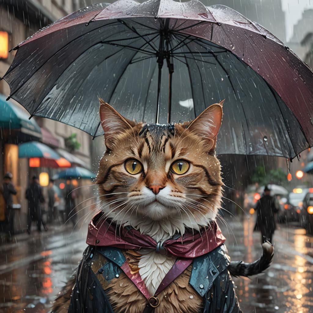 Cat with Umbrella Portrait in Hyperdetailed Style
