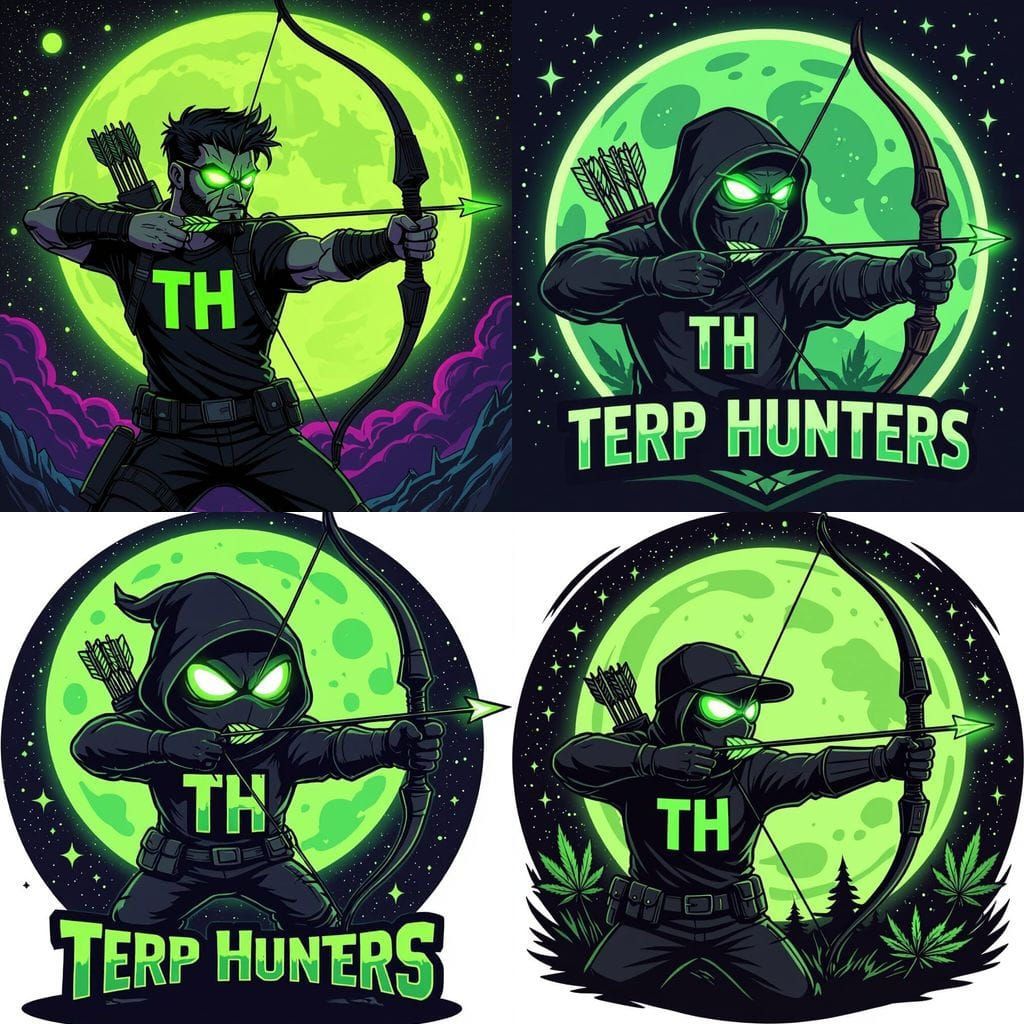 Cartoon Hunter Logo for Weed Brand with Glowing Arrows