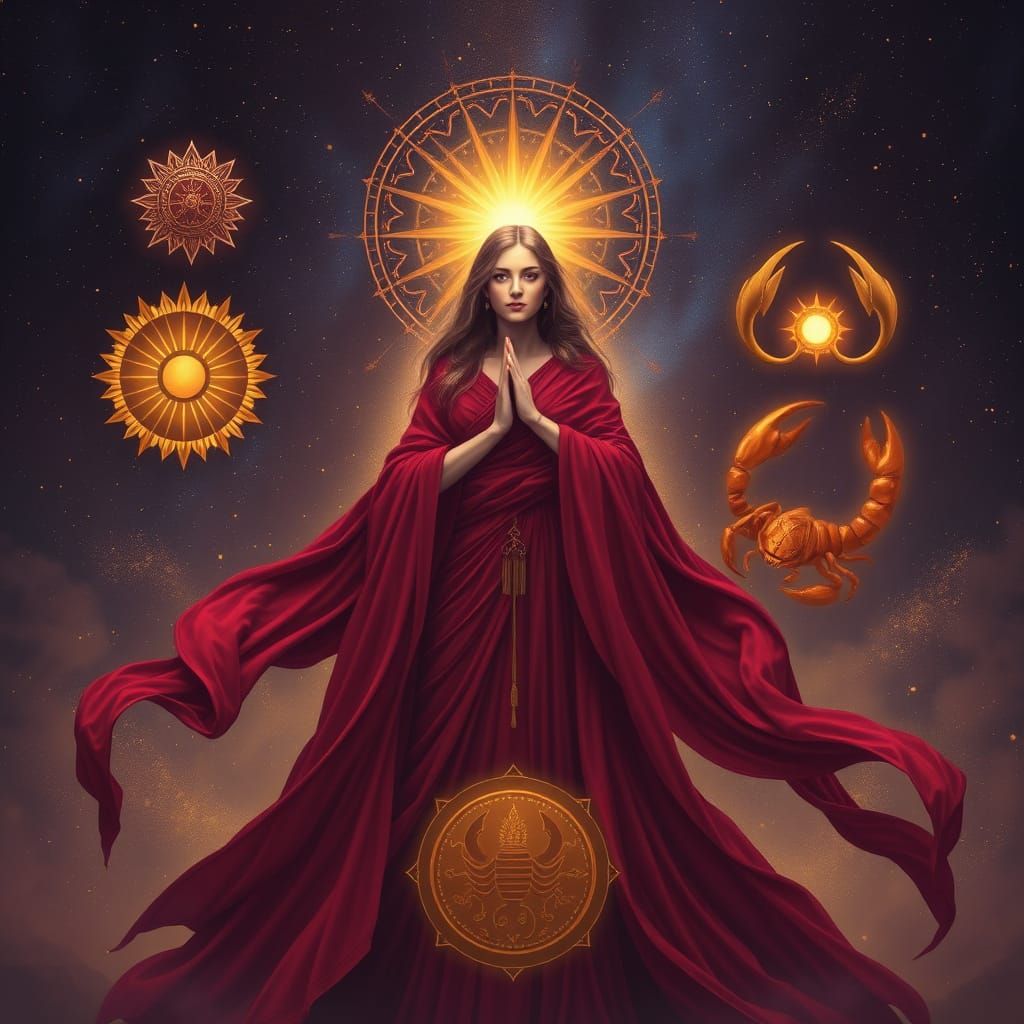 Majestic Woman with Visakha Symbols in Ethereal Style