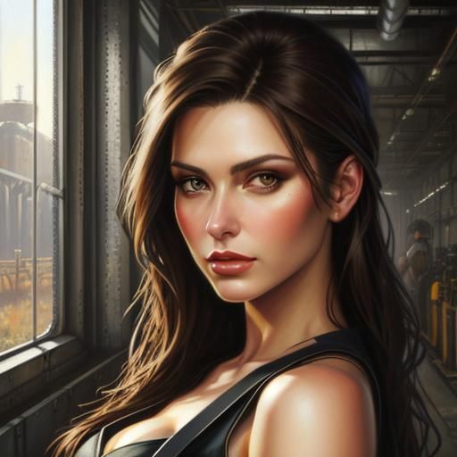Brunette Portrait in Industrial Style, Oil Painting