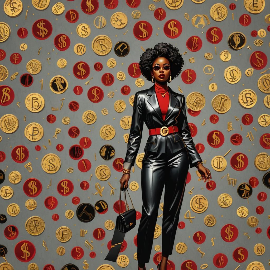 Cartoon-Style Woman Posed in Front of Dollar Signs