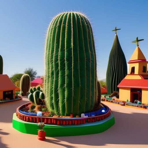 Giant Cactus God in Miniature Village, Detailed Matte Painti...