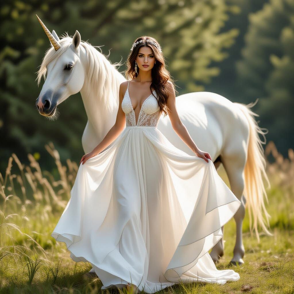 Woman in White with Unicorn