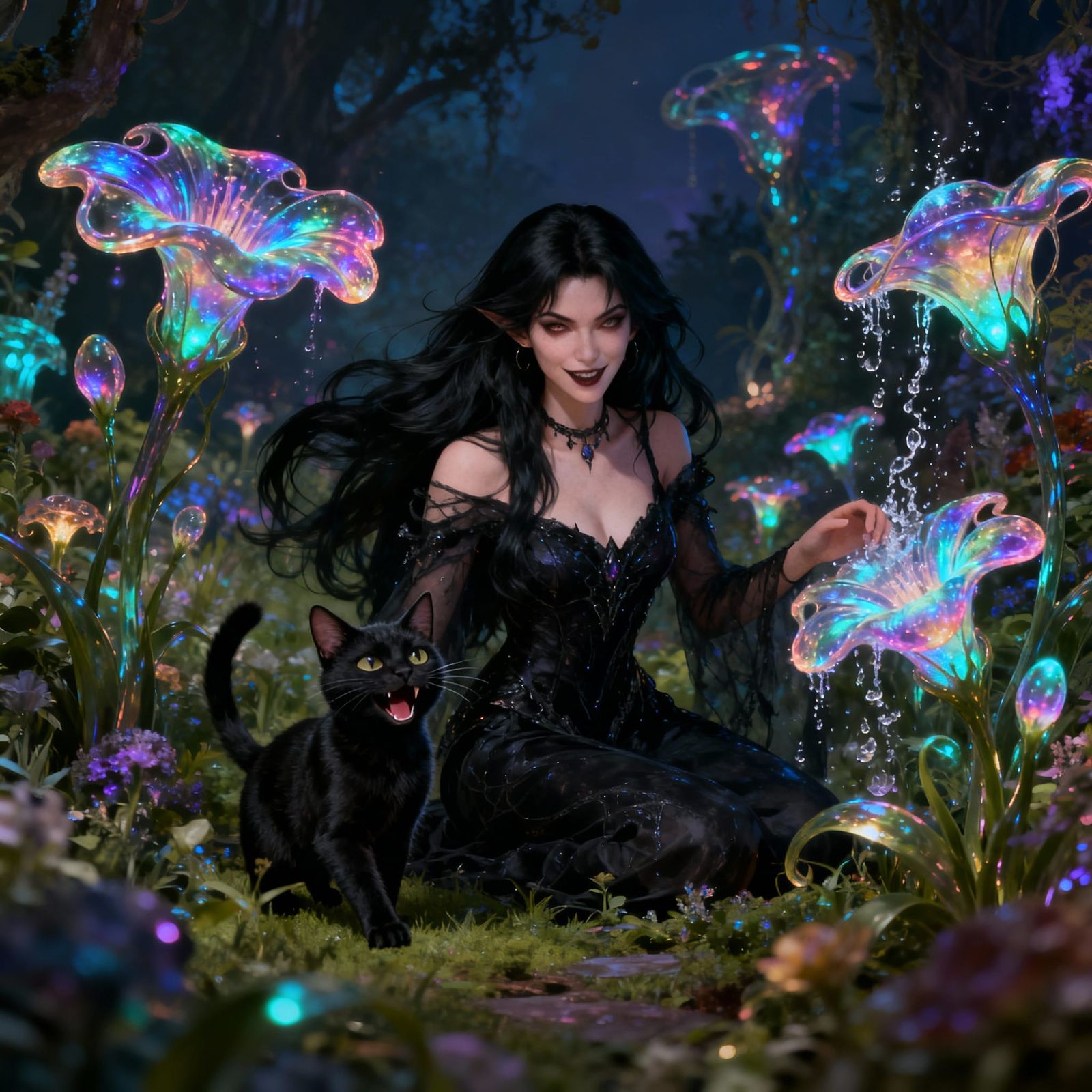 Woman Laughing in Magical Garden with Bioluminescent Flowers
