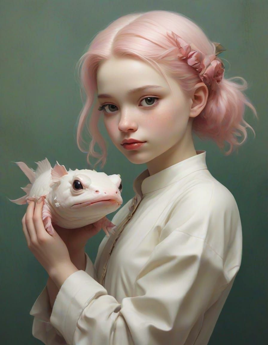 Girl Petting Axolotl in Dreamlike Watercolor Style