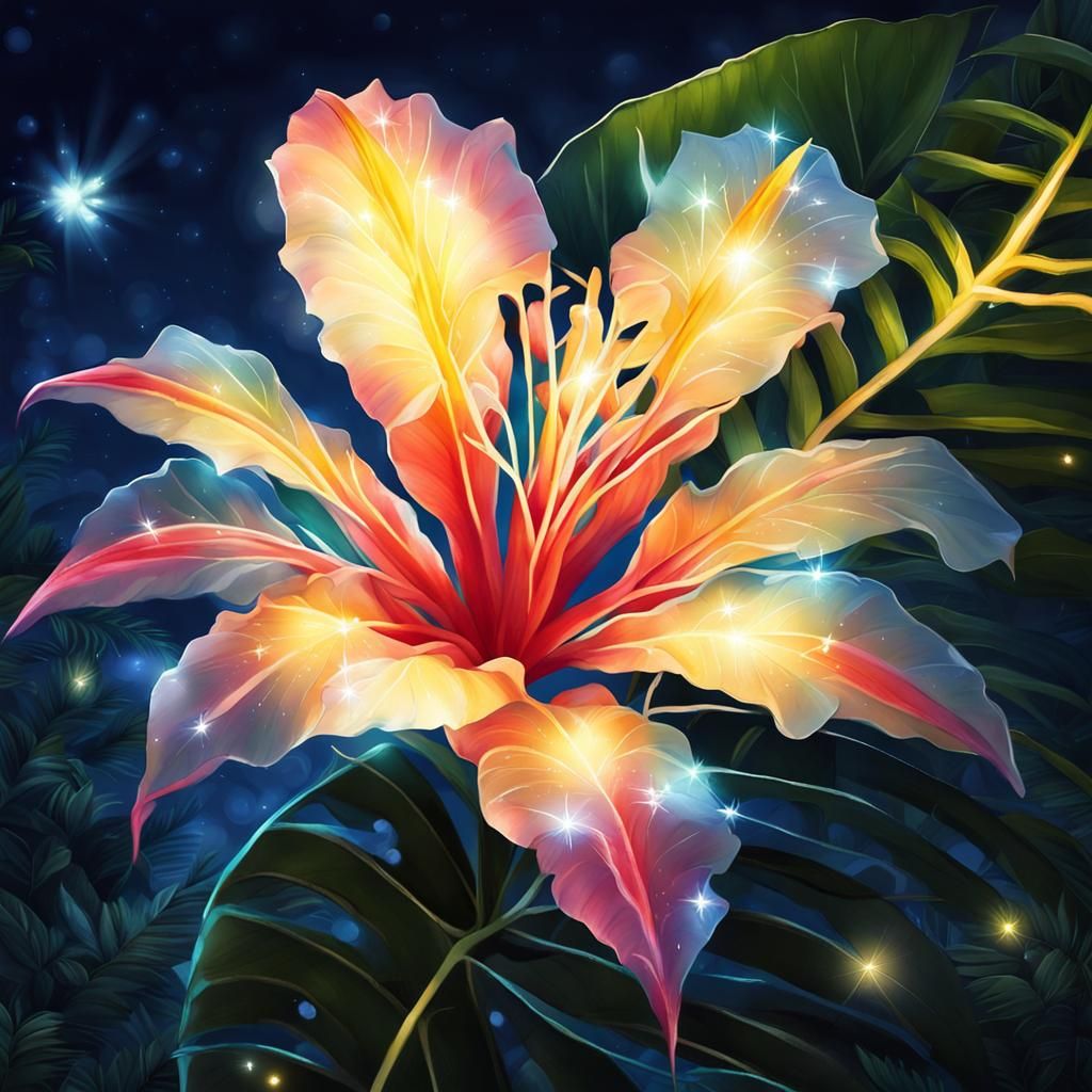 One tropical flower, luminous, sparkles, night time