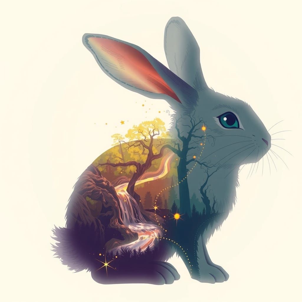 Whimsical Rabbit Silhouette in Ethereal Landscape