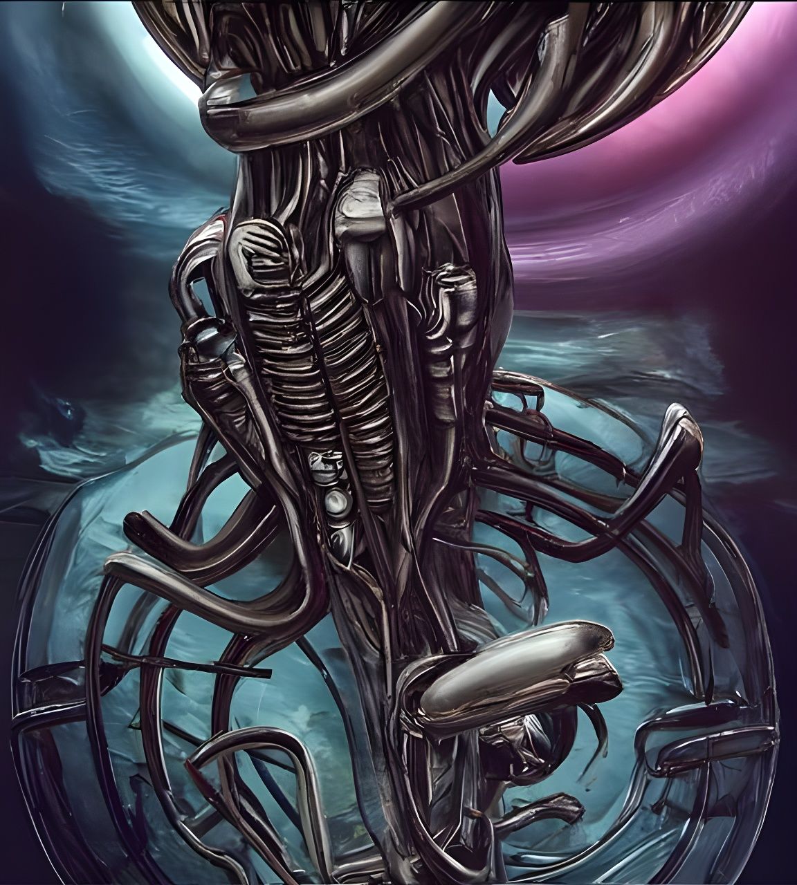 Giger-Inspired Sci-Fi Illustration of a Biomechanical Scene