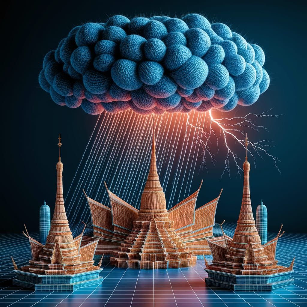 Knitted Rain Over Bangkok in Surreal Textile Style