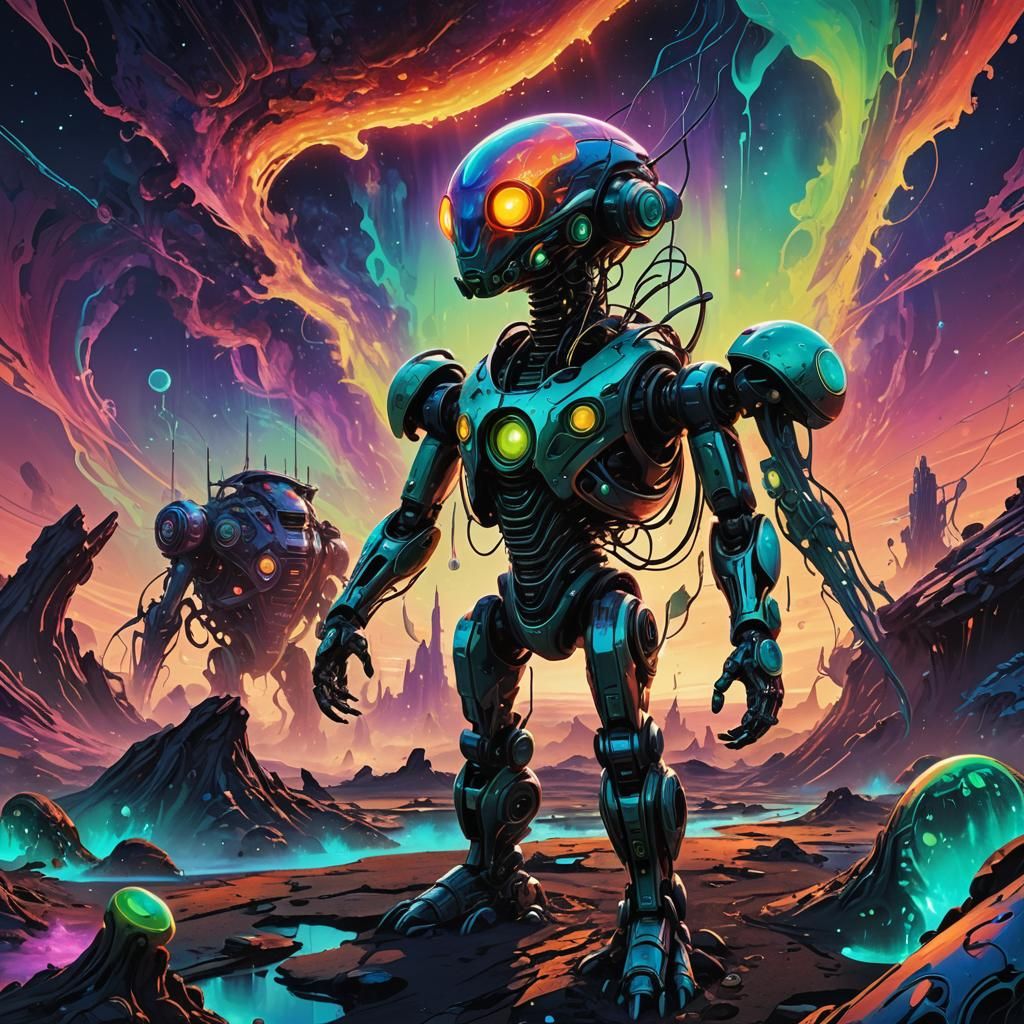 Biorobot on Alien Planet in Abstract Style