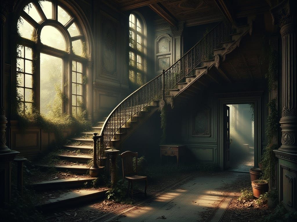 Abandoned Victorian House Interior with Grand Staircase