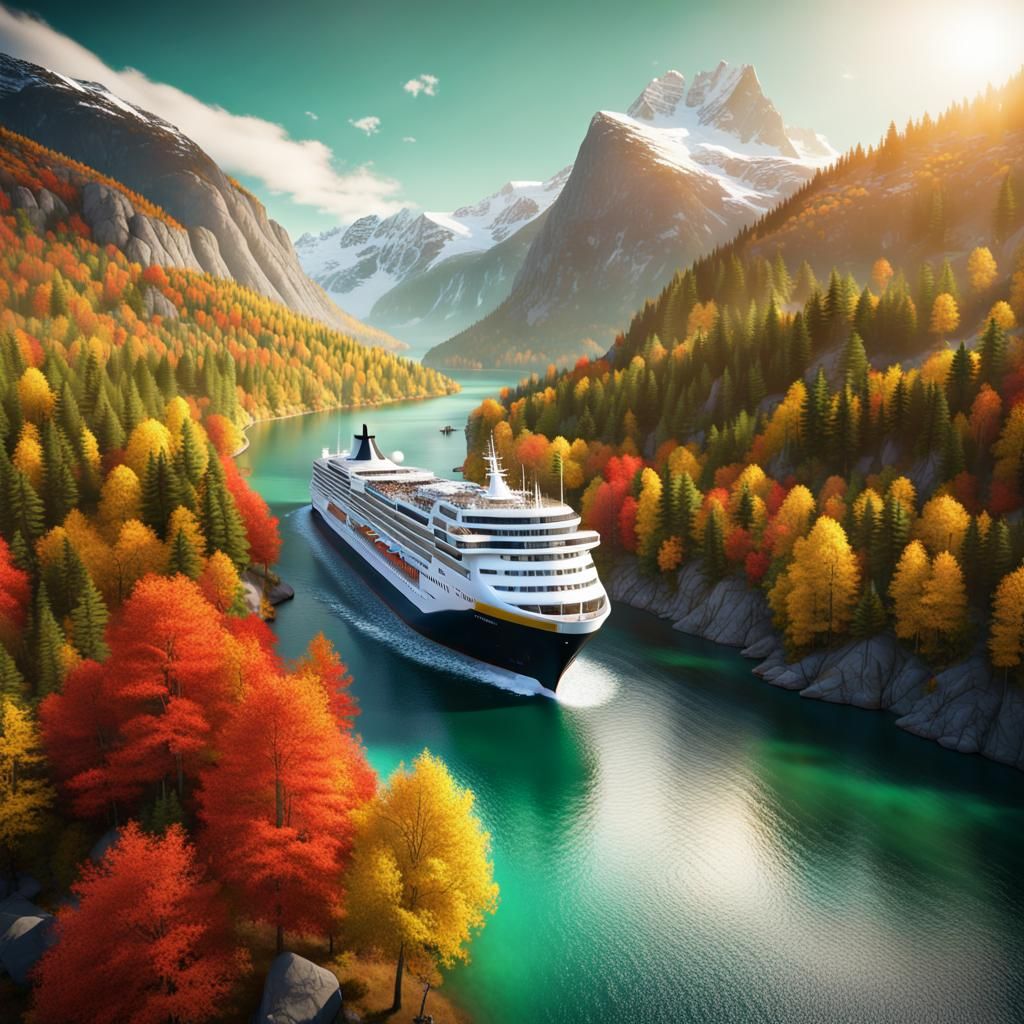 Cruise Liner Among Vivid Autumn Norway Fjords